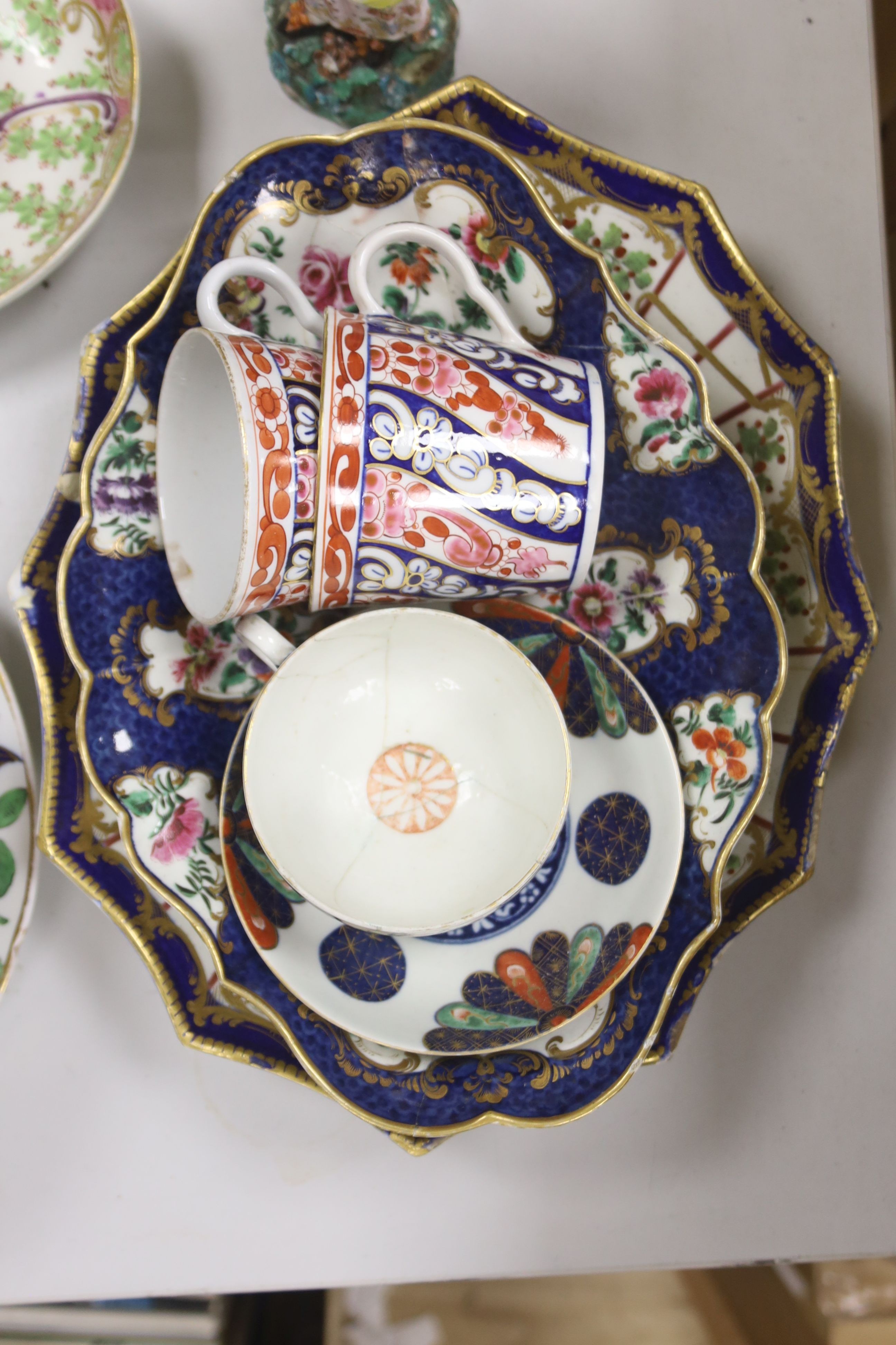 An Assortment of 18th century Worcester and Chelsea porcelain tableware and a Derby figure, damaged